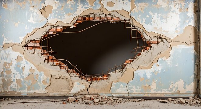 Large hole in a damaged brick and plaster wall showing metal reinforcement bars inside.