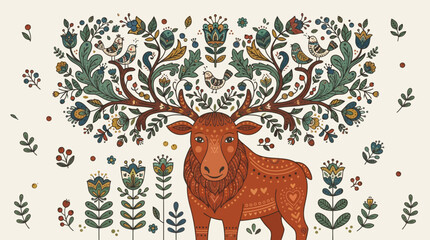 Naklejka premium Whimsical Moose with Floral Antlers and Folk Art Pattern