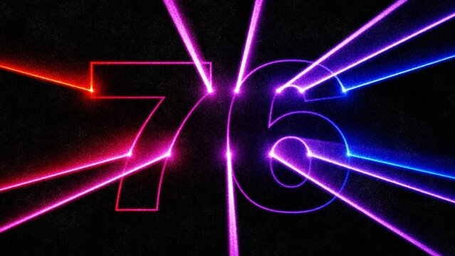 Neon laser number 76 with glowing light beams on dark background