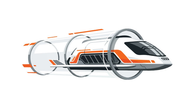 A streamlined futuristic hyperloop pod traveling through a transparent vacuum tube against a stark white background. Sharp orange and gray accents, high-speed aesthetic. minimalist flat vector