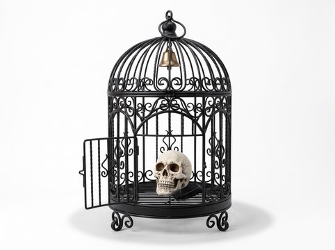 Human Skull Inside an Ornamental Black Metal Bird Cage