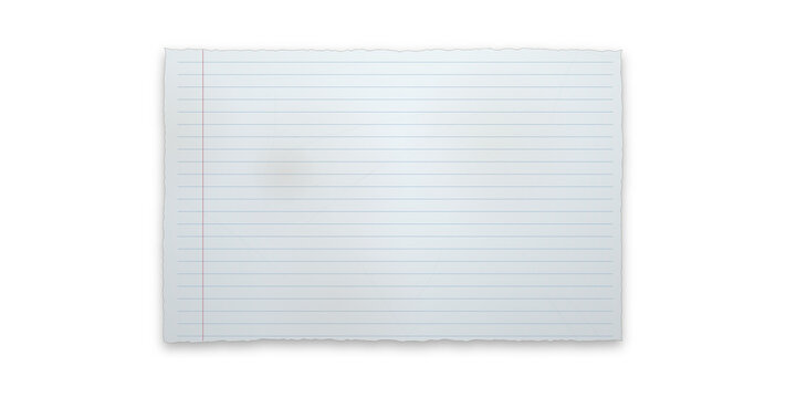 White ripped notebook paper sheet with margin line on grid background.