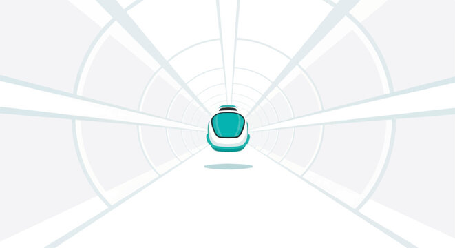 View inside a bright white futuristic hyperloop tunnel with a single teal-colored pod hovering in the center, linear perspective, minimalist architectural lines, high-key lighting, minimalist