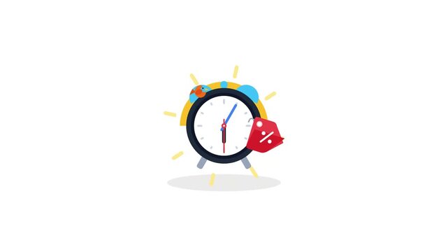 An illustration showing a creative alarm clock design with a red discount price tag representing a limited time sales event or a promotional flash offer