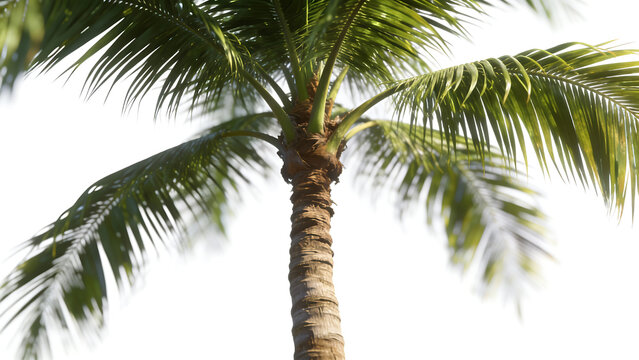 Tall coconut palm tree with green fronds swaying against bright sky, low-angle view