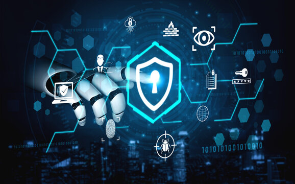 Futuristic Robotic Hand Interacting with Cybersecurity Icons Representing Digital Protection and Data Security Concepts in Modern Technology Landscape Fluxor.