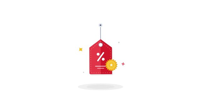 A minimalist red sale tag graphic animation featuring a percentage symbol and a decorative seal icon to symbolize discount shopping events