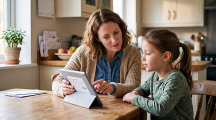 Fototapeta na wymiar Parent guiding child on social media use at home