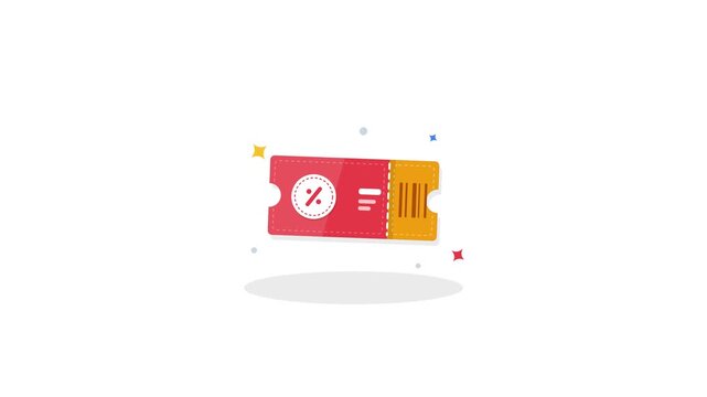 A minimalist digital illustration featuring a vibrant red and yellow coupon ticket representing promotional sales and financial shopping savings