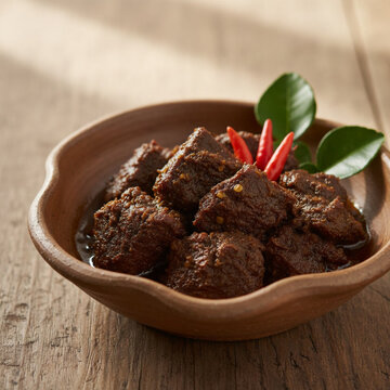 Authentic Indonesian Beef Rendang with Red Chili and Lime Leaves