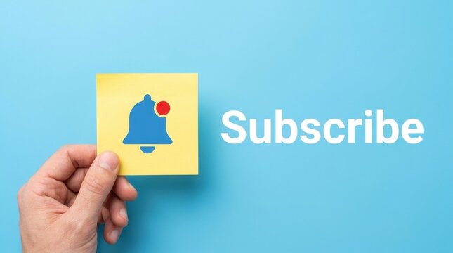 Hand Holding Notification Bell Icon and Subscribe Text on Blue Background