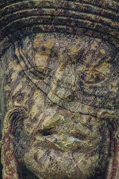 Mayan Stela B detail of ruler 18 Rabbit lips and ceremonial beard stone carving 