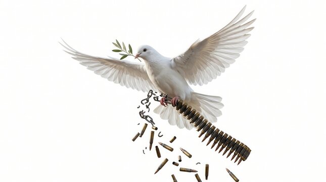 White dove flying carrying olive branch and breaking metal chain with bullets flying bird broken chain breaking chains white background cut out peace symbol conflict feathers symbolism