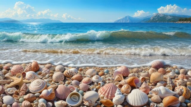 Seashore scene with shells and waves