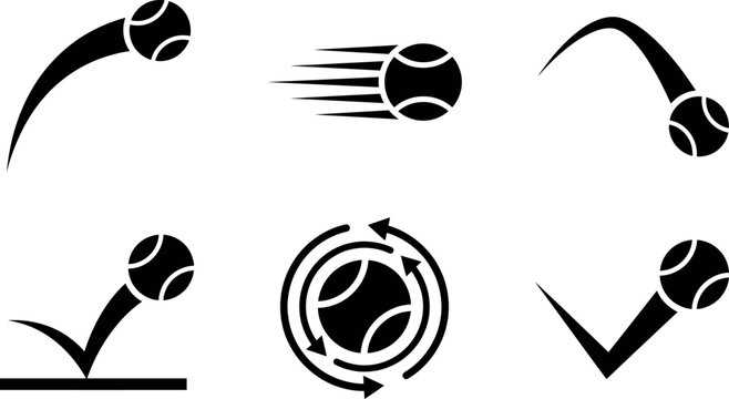 A collection of black silhouette icons depicting tennis ball movement, speed, and bounce patterns.