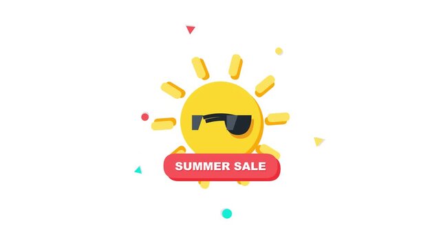 A stylized summer sale promotional graphic featuring a bright cartoon sun wearing black sunglasses against a clean backdrop with floating geometric shapes