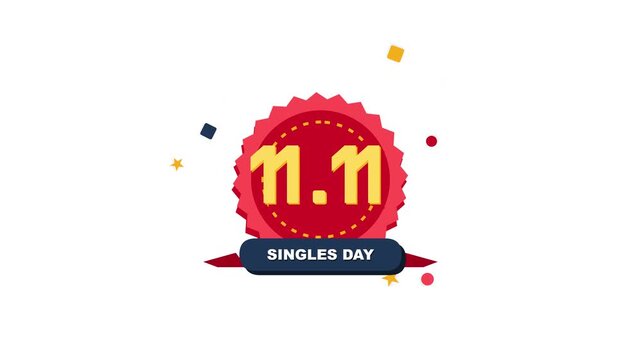 A creative 11.11 Singles Day shopping event graphic design with a vibrant red circular stamp badge, yellow typography, and confetti elements for sales.