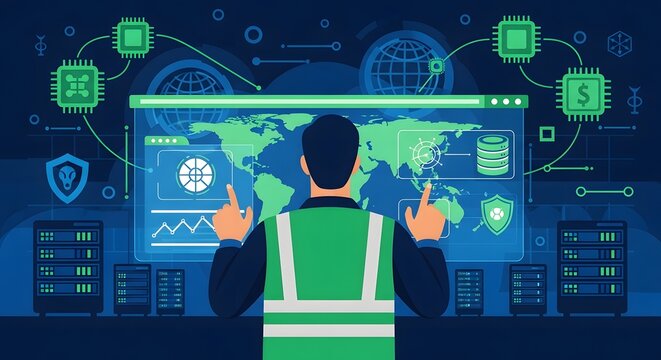 IT technician managing global server network cybersecurity and data infrastructure visual dashboard illustration.
