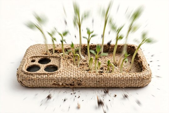 Woven eco friendly smartphone case with rapid growing green dicotyledon seedlings sprouting from soil with a dynamic motion blur effect representing sustainable technology