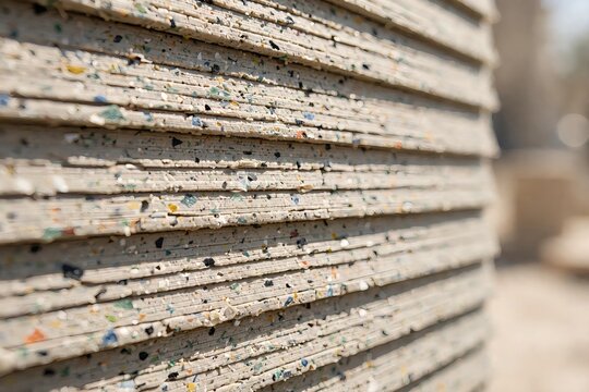 Close up of a stack of sustainable composite building boards made from speckled multicolored recycled plastic representing circular economy and eco friendly construction