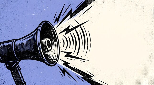 Macro Megaphone Illustration With Radiating Sound Lines And Right Copy Space