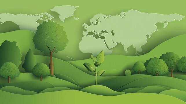 Seedling Growing from Earth with Green Forest, Save the Environment Concept, Paper Art Vector Illustration
