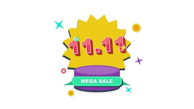 A vibrant 11.11 mega sale promotional graphic design featuring a bold starburst badge and purple display podium for e-commerce marketing campaigns