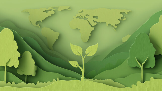 Seedling Growing from Earth with Green Forest, Save the Environment Concept, Paper Art Vector Illustration