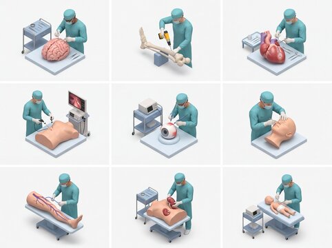 Surgeon performing various medical procedures isometric set
