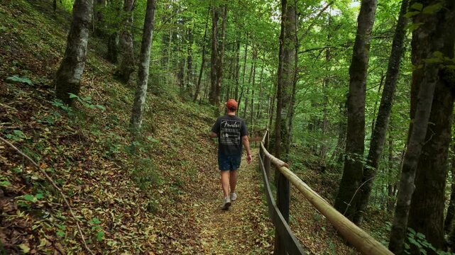 Young man hiking through a green forest path in Rettenbachklamm gorge in Austria, follow shot.