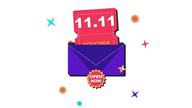 A digital vector graphic illustration featuring a purple envelope containing a promotional voucher with numbers and an open now badge design