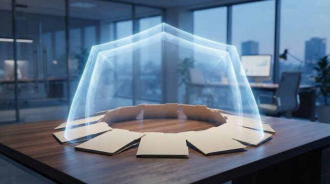 A circular arrangement of business folders protected by a glowing digital shield representing additional insured and robust information security concepts