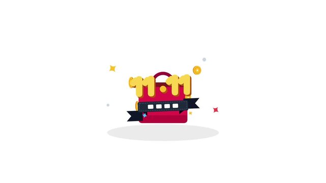 A flat vector motion graphic animation of a red shopping gift box opening to reveal special sale numerical digits on a celebratory occasion background