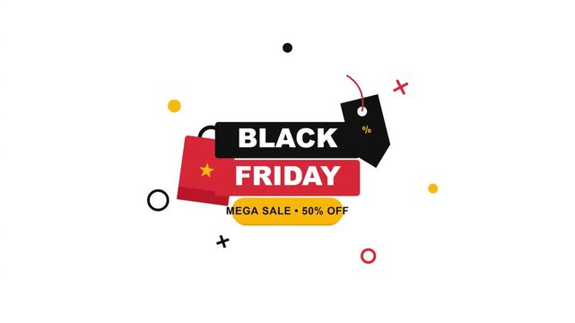 Dynamic animated graphic for seasonal retail promotional event featuring a creative shopping bag tag design with bold typography and abstract geometric elements