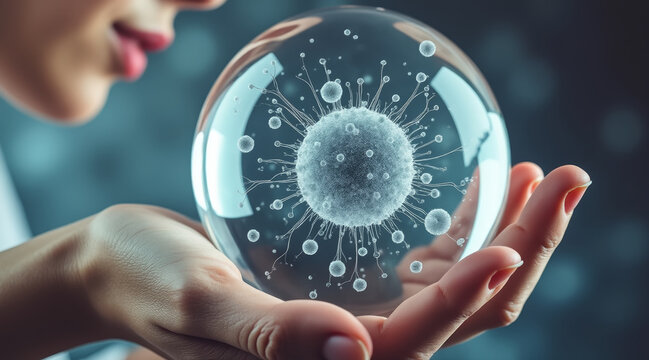 Woman hand holding crystal ball with virus particle inside, closeup view, medical concept, detailed texture, soft lighting