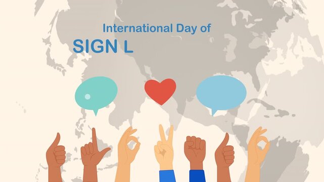 International Day of Sign Languages concept featuring expressive hand gestures, communication symbols and heart icons, representing sign language, deaf awareness, inclusion, accessibility