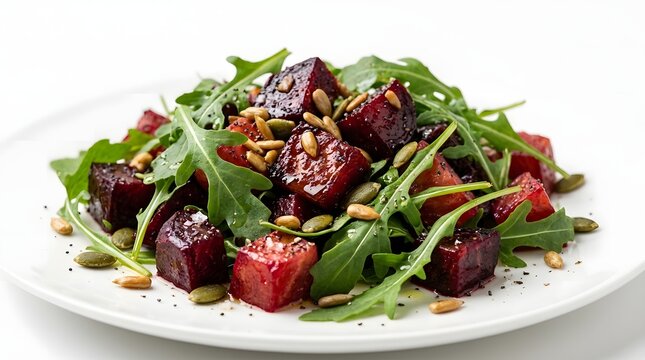 Healthy Roasted Beetroot Salad with Fresh Arugula and Toasted Seeds on a White Plate.