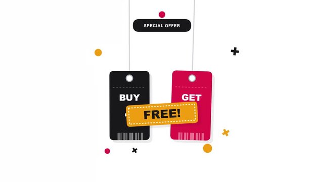 Minimalist Motion Graphic Featuring Buy One Get One Free Special Offer Tags Hanging Against A Simple Backdrop For E-commerce Promotion