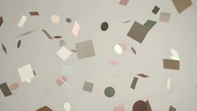 Abstract falling geometric shapes and confetti particles on a soft beige background for minimal designs