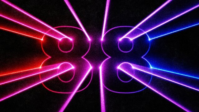 Neon laser number 88 with glowing light beams on dark background