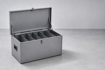 Fototapeta premium Open heavy-duty grey metal storage trunk with internal compartments resting on a concrete floor.