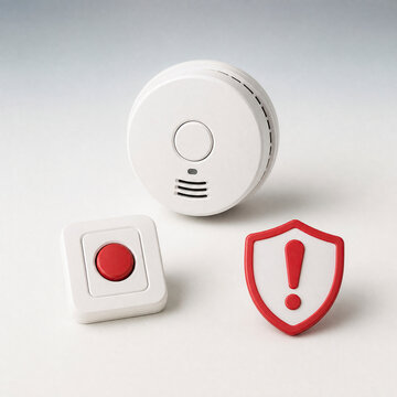 White smoke detector, red emergency button, and a warning shield icon on a light background.