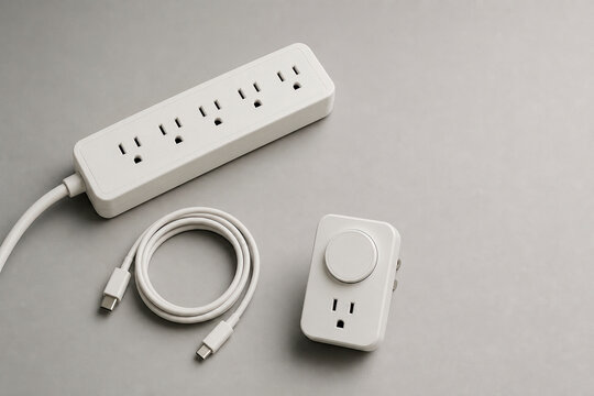 White six-outlet power strip, coiled USB-C cable, and a smart plug adapter on a grey background.