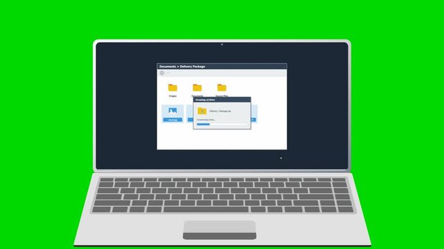 Laptop compressing files into a zip archive on a green screen. 4K Video