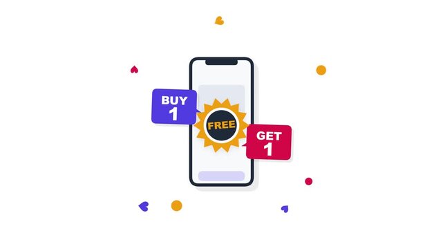 Animated smartphone display promoting a buy one get one free retail offer with dynamic colorful graphic elements