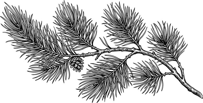 Vintage Pine Tree Branch Vector Illustration Featuring Detailed Engraving Style Needles and Small Pinecone Element Isolated on White Background