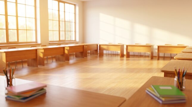 Empty modern classroom with wooden desks and natural sunlight streaming in