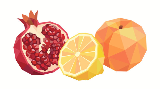 Low poly geometric fruits vector illustration with pomegranate and lemon