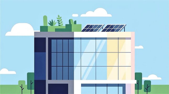 Vector animation of a sustainable modern building featuring rooftop solar panels and a green garden on the roof under a clear blue sky.