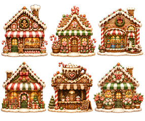 Fototapeta premium Whimsical Christmas Gingerbread Shop Collection Watercolor Illustration